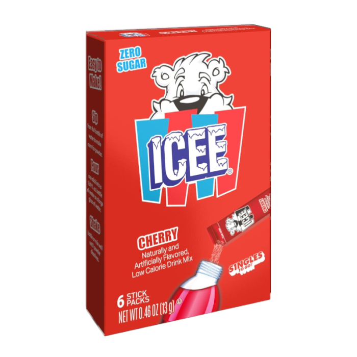 Front of Icee Cherry Singles to Go box featuring a red design, Icee logo, cherry flavour label, and stick packs (13g pack)