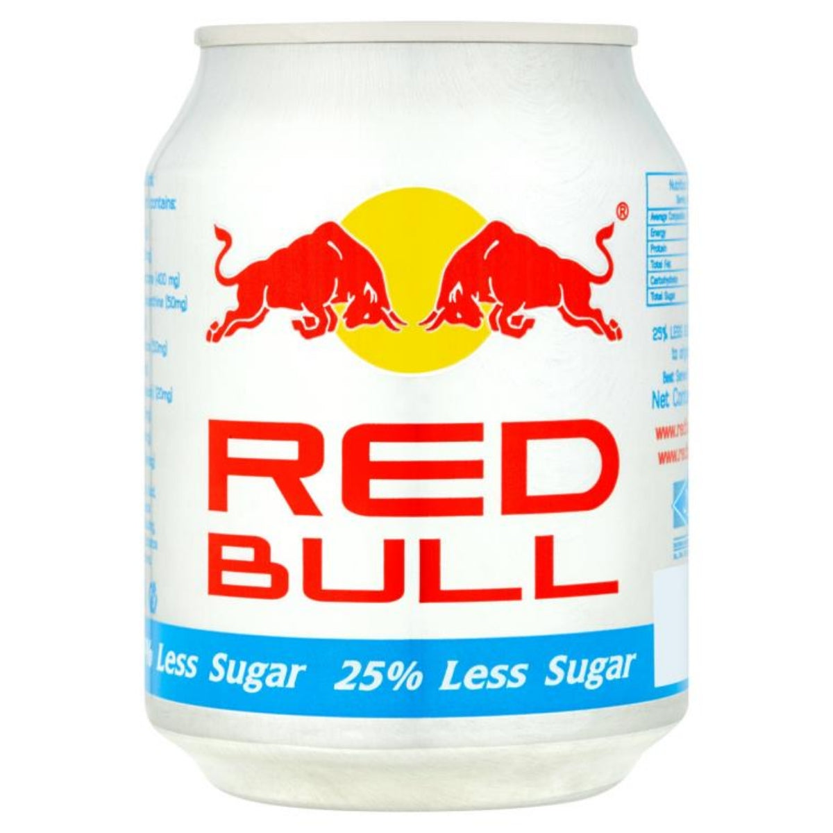 Front of Red Bull Less Sugar Energy Drink can featuring the logo, “Less Sugar” claim, and 250ml pack size.
