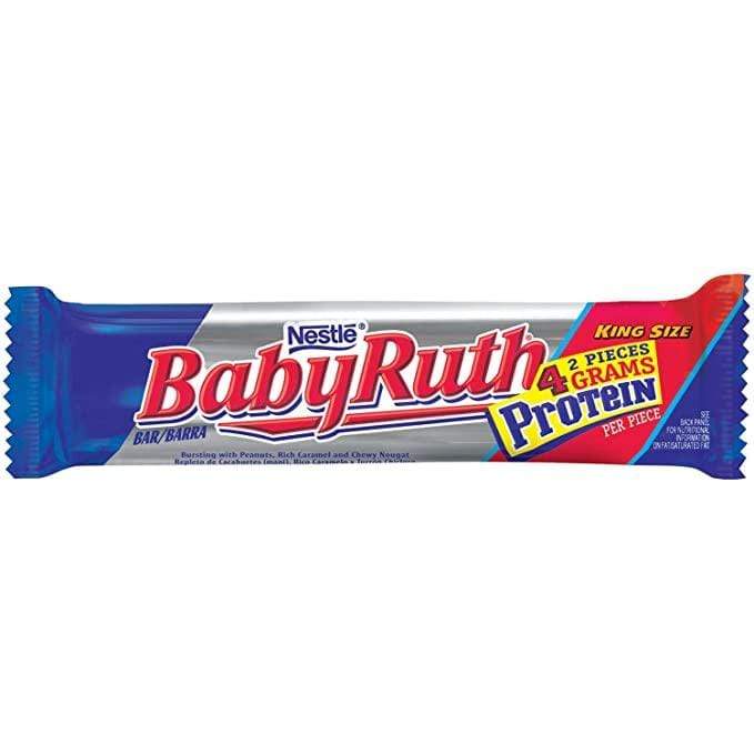 Front of Baby Ruth Bar showing the logo, featuring peanuts, rich caramel, and chewy nougat, in a 94g pack