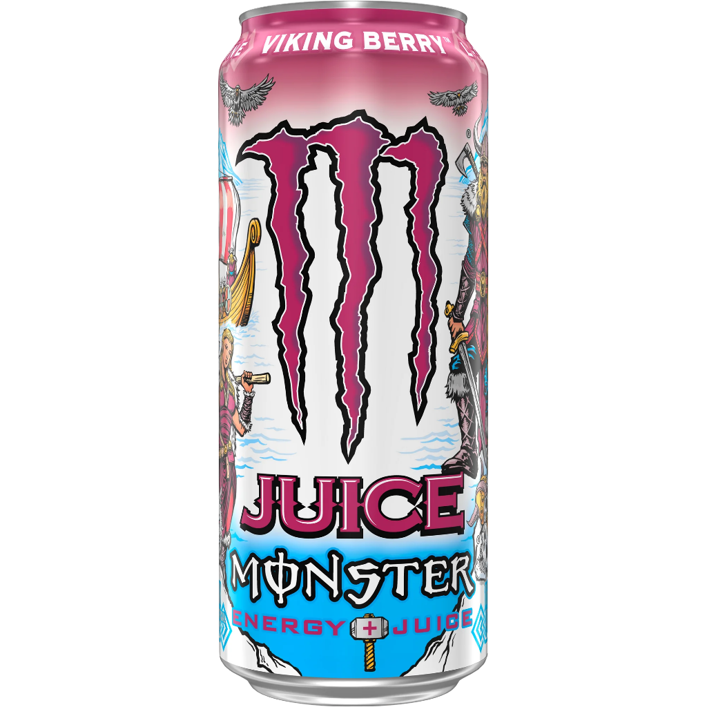 Front of Monster Energy Viking Berry can showing vibrant design, berry flavour label, and 473ml packaging.