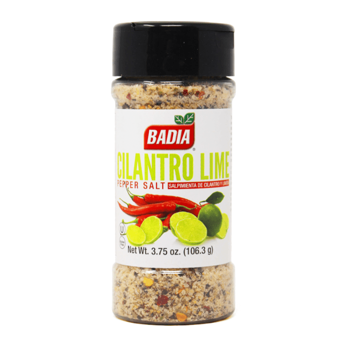 Front of Badia Cilantro Lime Pepper Salt shaker showing logo, cilantro and lime imagery, and 226g pack size