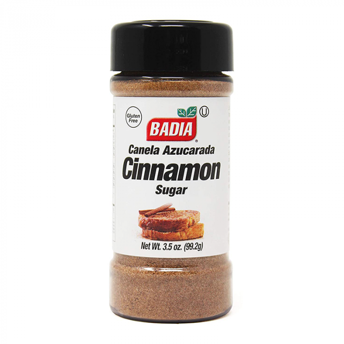 Front of Badia Cinnamon Sugar Seasoning bottle featuring the logo, product name, and a visual of the sugar blend (99.2g pack)