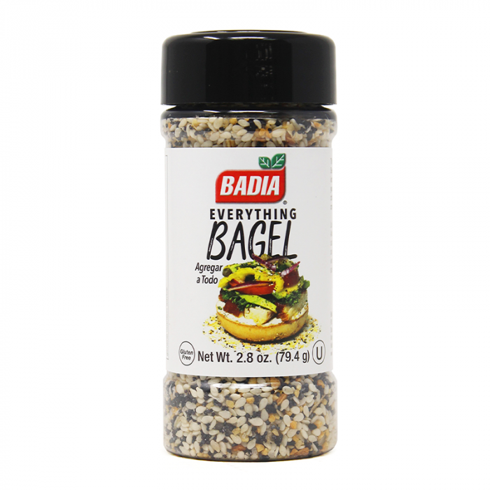 Front of Badia Everything Bagel Seasoning jar showing brand logo, seasoning blend, and pack size (79.4g)