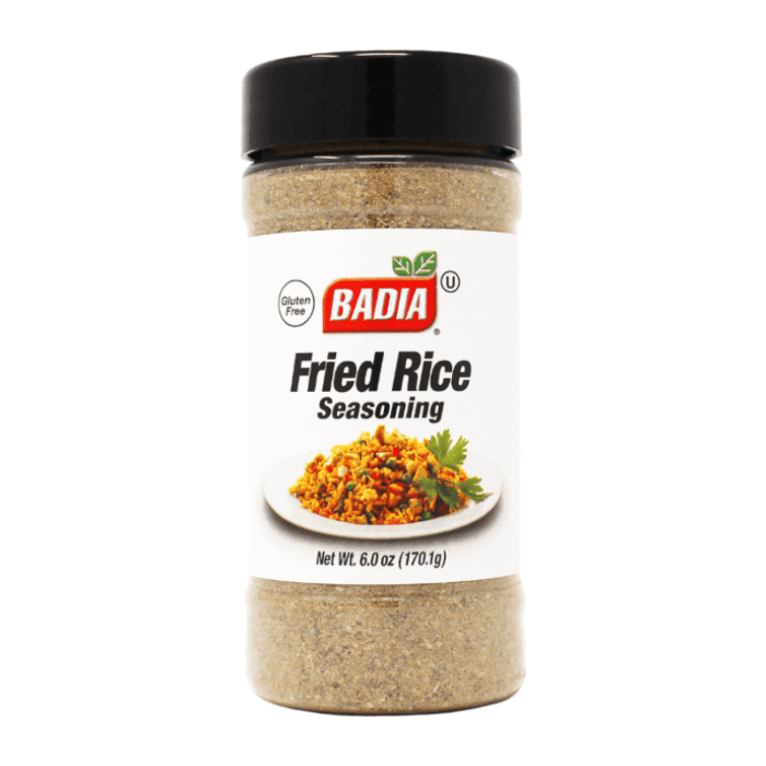 Front of Badia Fried Rice Seasoning jar showing brand logo, seasoning name, and image of seasoned rice (170.1g)