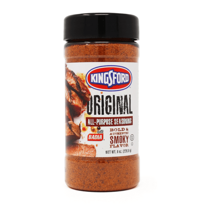 Front of Badia Kingsford Original All-Purpose Seasoning jar featuring bold black lettering on a white background, showcasing the 226.8g pack size.