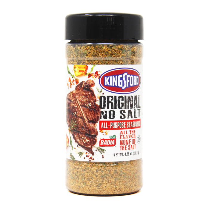 Front of Badia Kingsford Original No Salt Seasoning bottle showing logo, all-purpose seasoning details, and a rich blend of spices (120.5g)