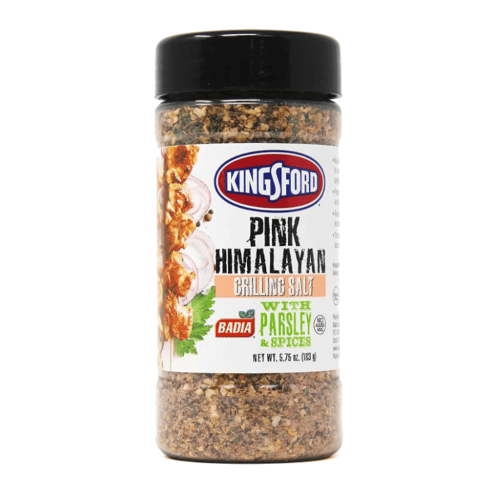 Front of Badia Kingsford Pink Salt With Parsley bottle showing the logo, pink salt with parsley, and the 163g pack size.