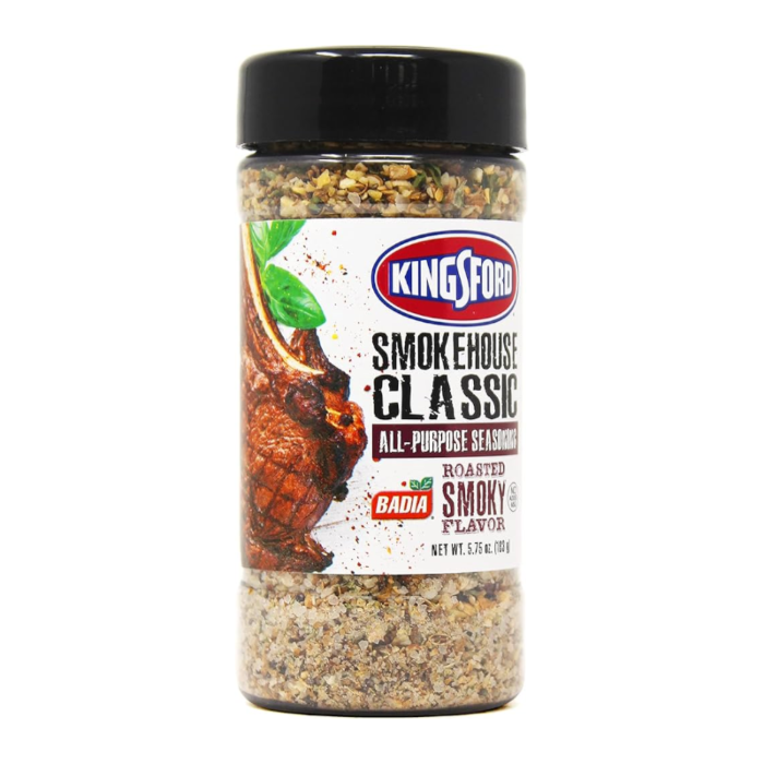 Front of Badia Kingsford Smokehouse Classic All Purpose Seasoning jar showing logo and label with roasted smoky flavour (183g)
