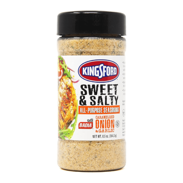 Front of Badia Kingsford Sweet & Salty All Purpose Seasoning jar showing logo, all-purpose seasoning details, and pack size (184.3g)