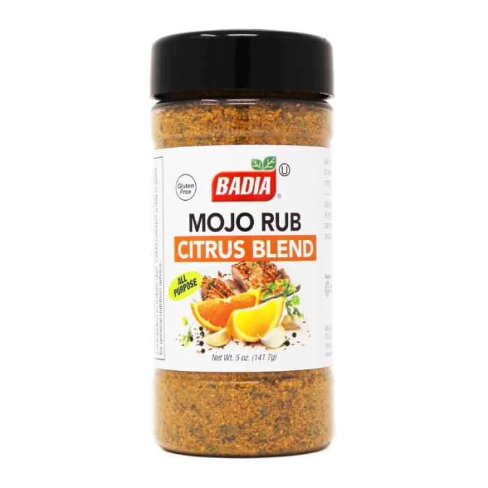 Front of Badia Mojo Rub Citrus Blend Seasoning jar featuring the logo, citrus blend label, and product details (141.7g pack)