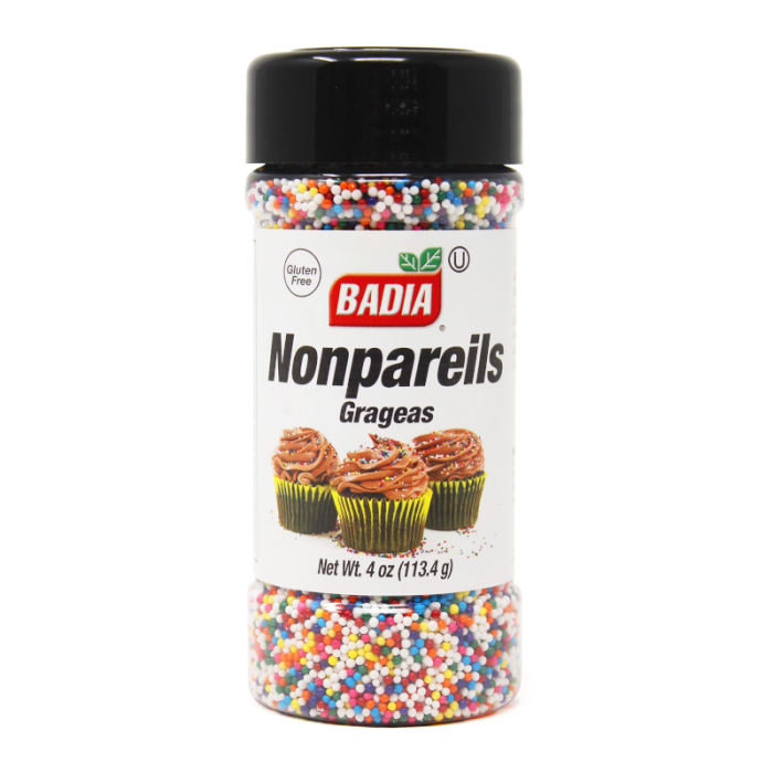 Front of Badia Nonpareils container showing the logo, colourful sprinkles, and decorated cupcakes (113.4g pack)