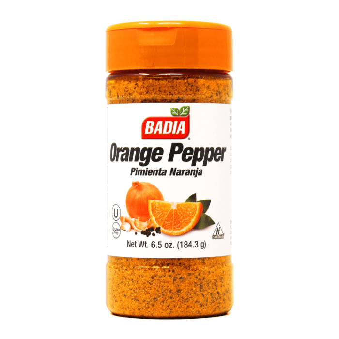 Front of Badia Orange Pepper jar showing brand logo, vibrant spice blend image, and pack size of 170.1g (6.5 oz)