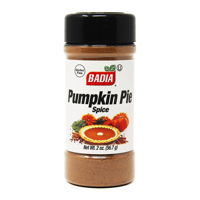 Front of Badia Pumpkin Pie Spice jar showing the brand logo, pumpkin pie image, and details with 56.7g quantity.