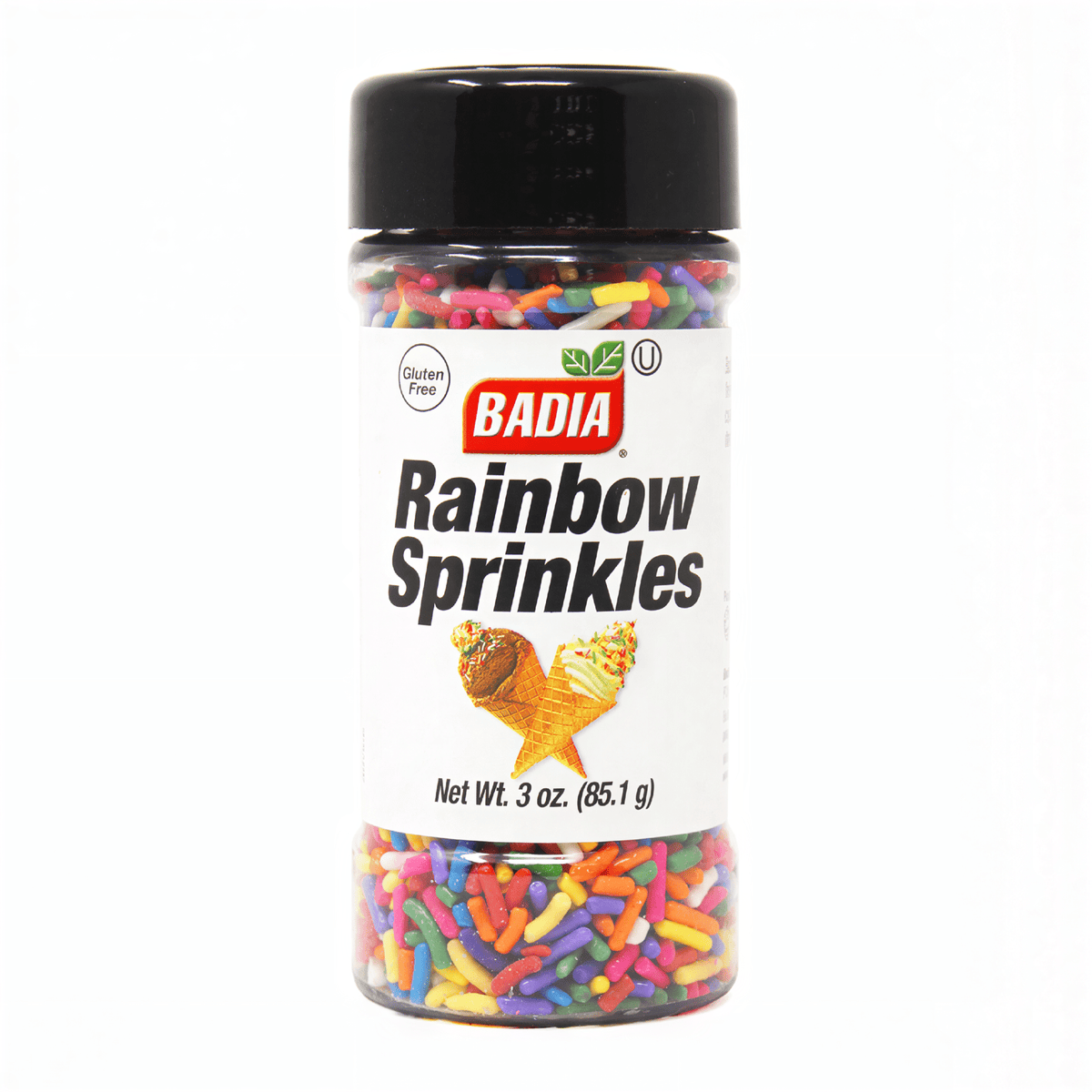 Front of Badia Rainbow Sprinkles container displaying colourful sprinkles, brand logo, and 85.1g pack size.