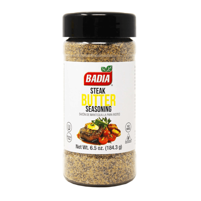 Front of Badia Steak Butter Seasoning jar showing logo, seasoning blend label, and steak dish image (184.3g pack)