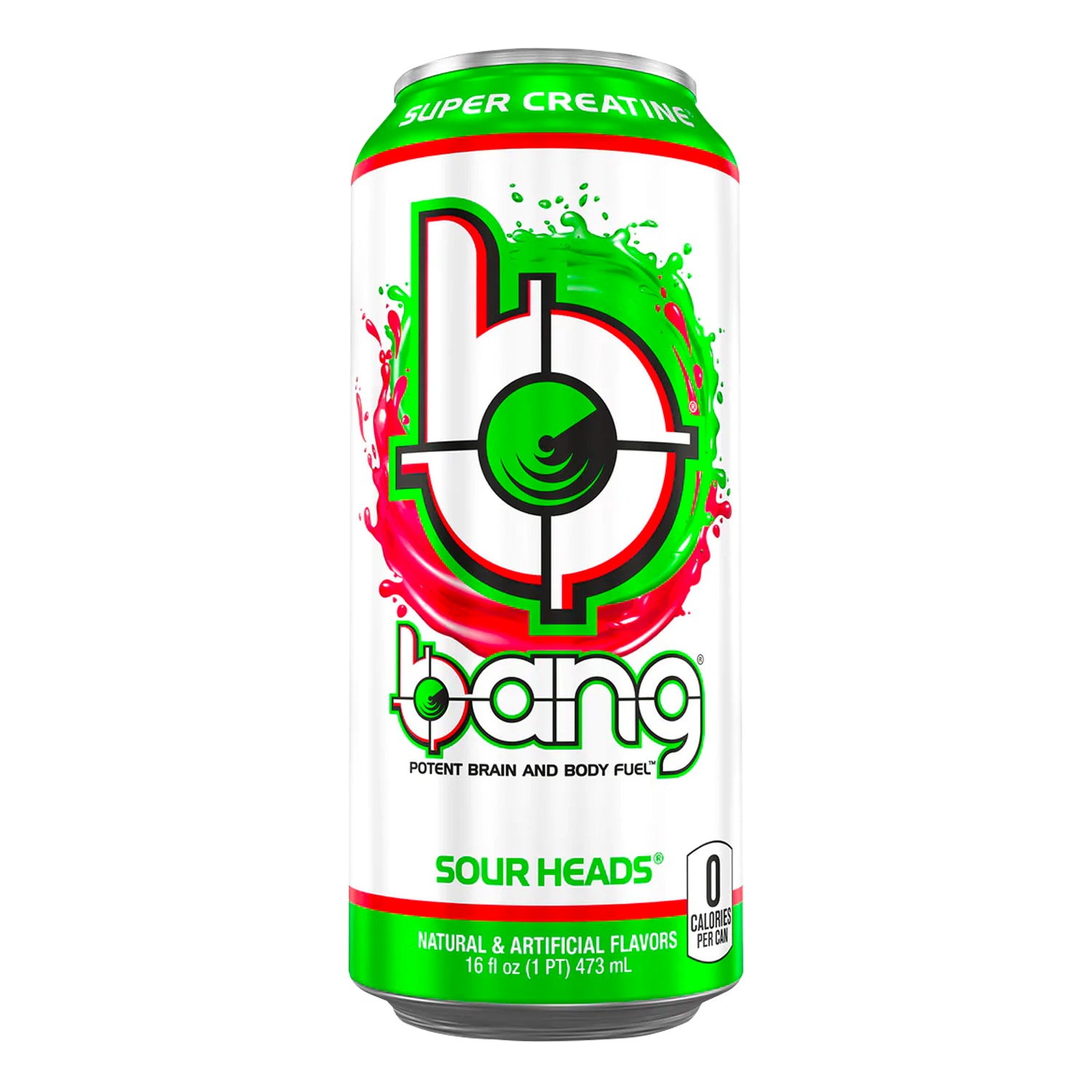 Front of Bang Energy Sour Heads can showing bold logo, sour flavour label, and energetic design (473ml pack)