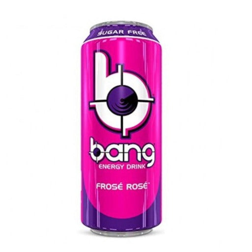 Front of Bang Energy drink can featuring vibrant pink design, logo, Frose Rose flavour, and 473ml volume
