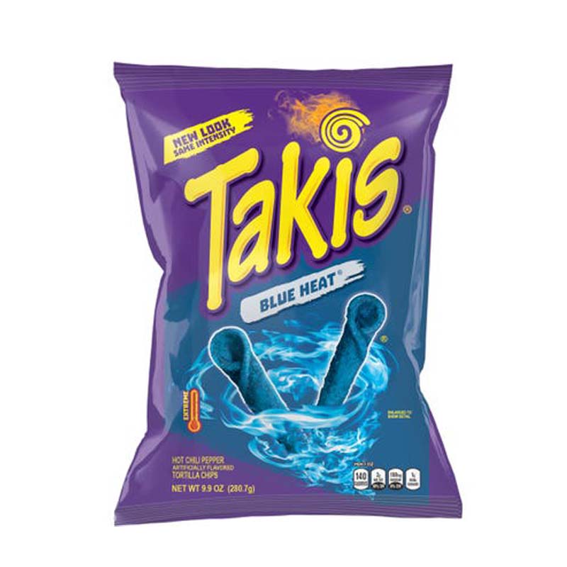 Front of a Takis Blue Heat bag featuring vibrant purple packaging, the logo, and rolled blue tortilla chips (280.7g pack)