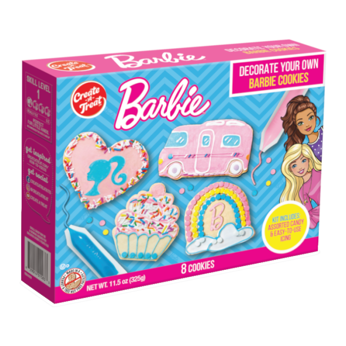 Front of Barbie Decorate Your Own Cookie Kit box featuring playful cookie designs, assorted candies, icing, and branding (343g pack)