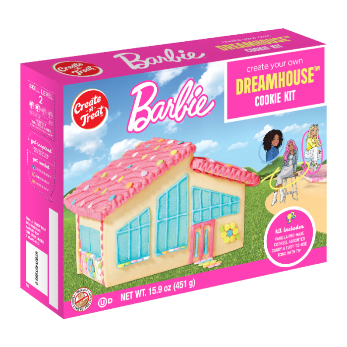 Front of Barbie Create Your Own Dream House Cookie Kit box featuring bright colours, logo, and an image of a decorated cookie house (451g pack)