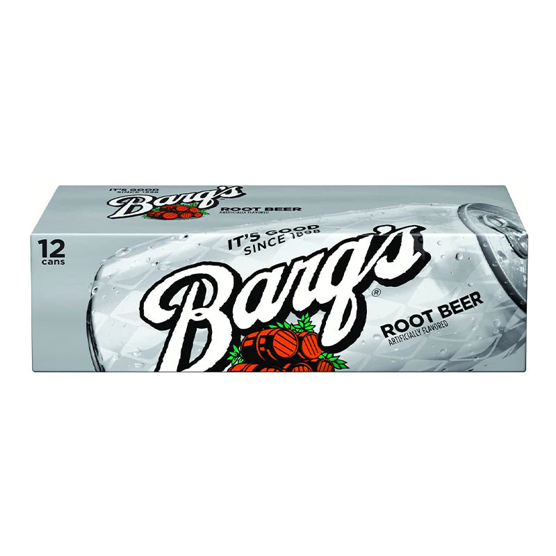 Front of Barq's Root Beer case showing logo, refreshing root beer imagery, and pack size of 12 cans (355ml each)
