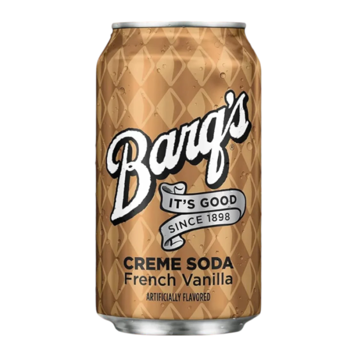 Front of Barq's French Vanilla Crème Soda can featuring logo, creamy vanilla flavour details, and 355ml pack size