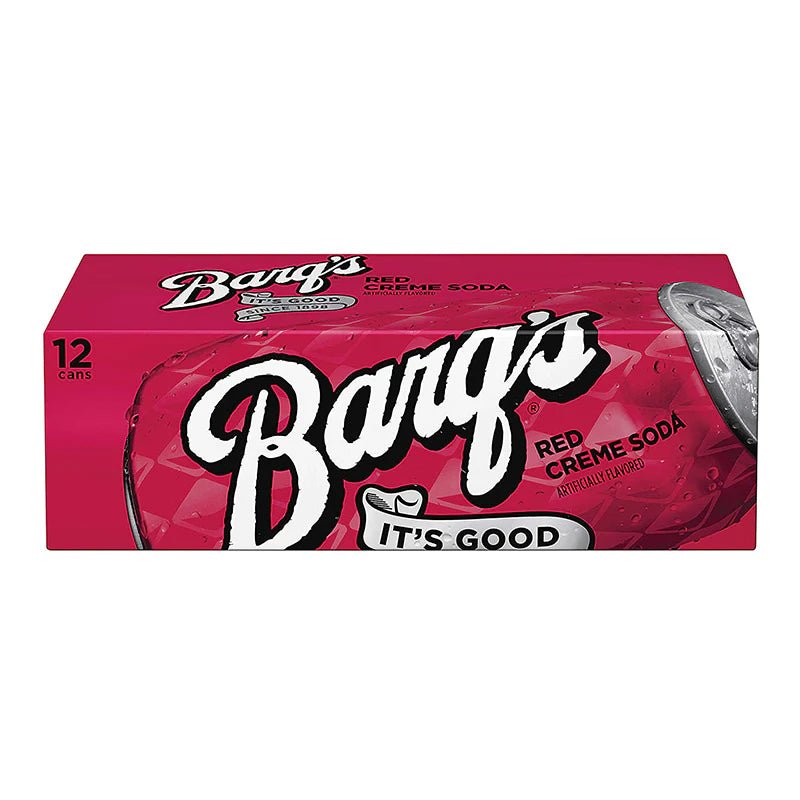 Front of Barq's Red Crème Soda case showing the brand logo, red crème soda label, and pack size of 12 cans (355ml each)