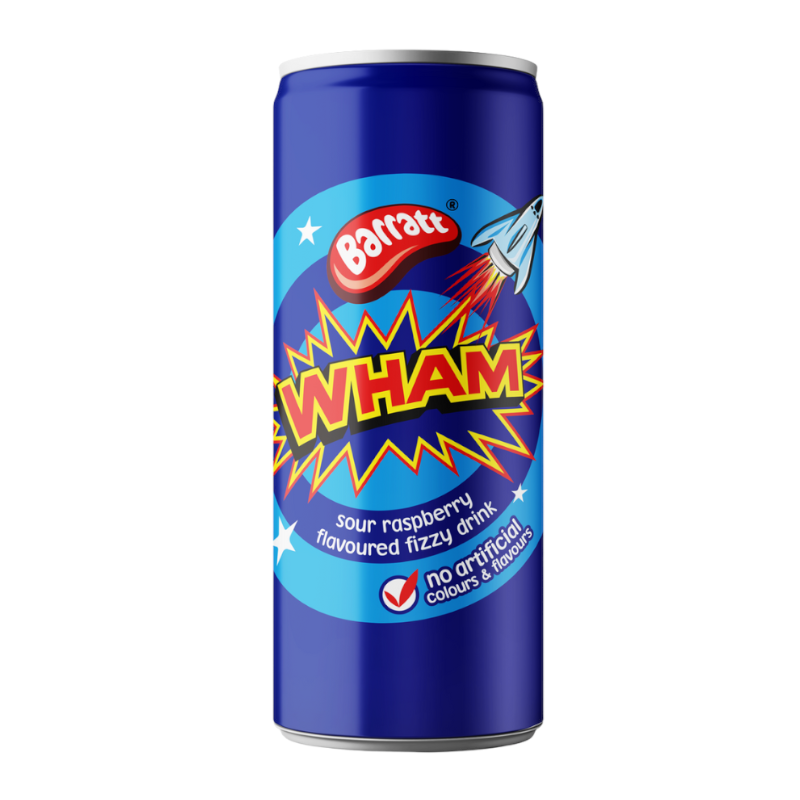 Front of Barratt Wham Tangy Raspberry Soda can showing the bold 'WHAM' logo, tangy raspberry flavour label, and vibrant blue design (250ml can)
