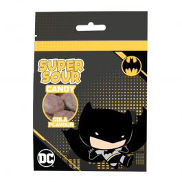 Front of Batman Super Sour Cola Flavour Candy bag featuring the Batman logo, vibrant graphics, and cola flavour label (90g pack)