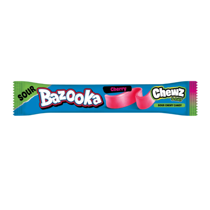 Front of Bazooka Cherry Sour Chew Bar packaging showing bright colours, cherry flavour label, and chewy candy design (14g pack)