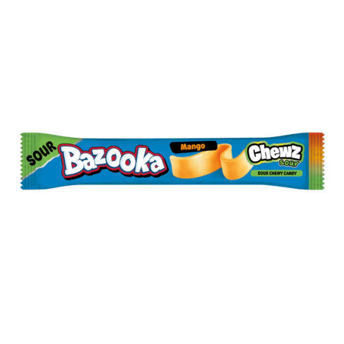 Front of Bazooka Mango Sour Chew Bar showing the brand logo, mango flavour, and colourful design (14g pack)