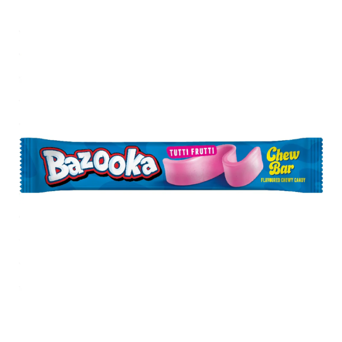 Front of Bazooka Tutti Frutti Chew Bar showing blue packaging with the Bazooka logo, pink chewy candy, and 14g size label.