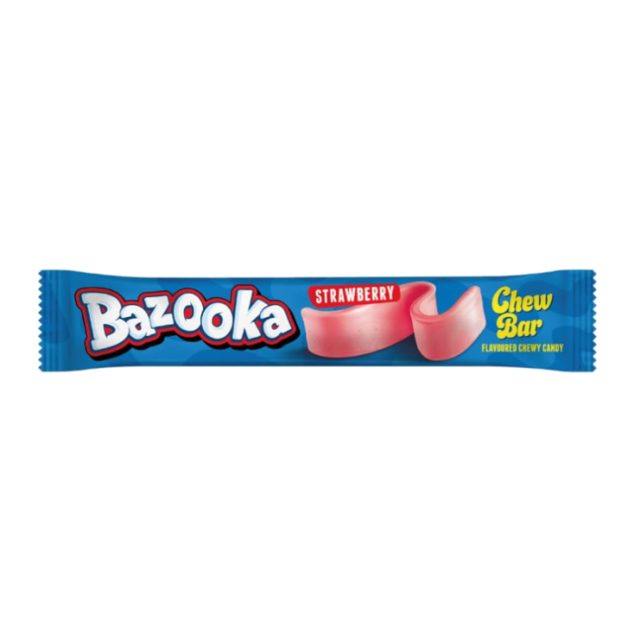 Front of Bazooka Strawberry Chew Bar showing vibrant blue wrapper with Bazooka logo, strawberry flavour label, and chewy candy illustration (14g pack)