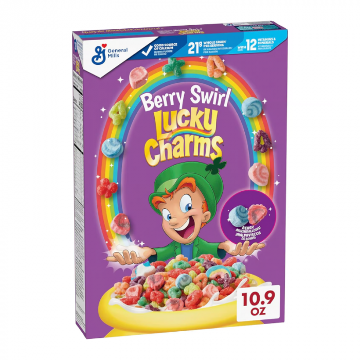 Front of Lucky Charms Berry Swirl Cereal box featuring a colourful design, berry swirl marshmallows, and pack size of 309g