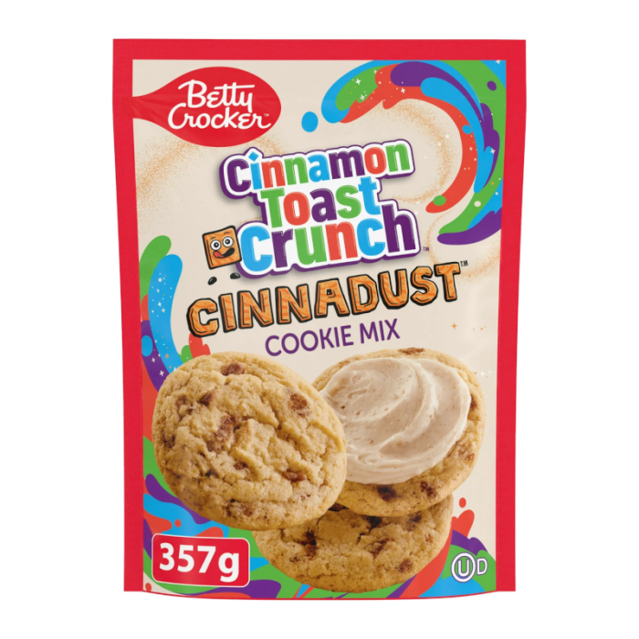 Front of Betty Crocker Cinnamon Toast Crunch Cookie Mix bag featuring colourful design, logo, and cookies with icing (357g pack)