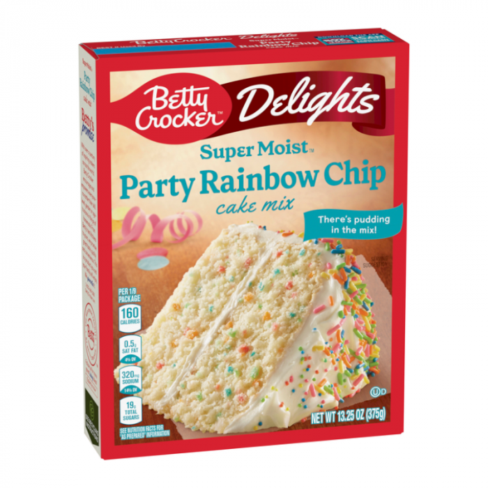 Front of Betty Crocker Delights Super Moist Rainbow Party Chip Cake Mix box showing vibrant packaging, cake image with rainbow chips, and 375g weight.