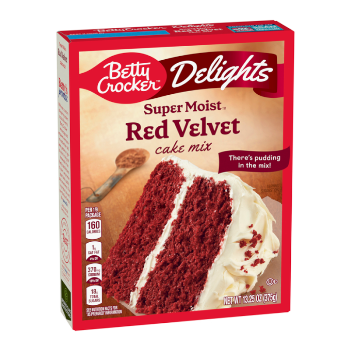Front of Betty Crocker Delights Super Moist Red Velvet Cake Mix box featuring red cake and frosting image, with brand logo and 375g size displayed.