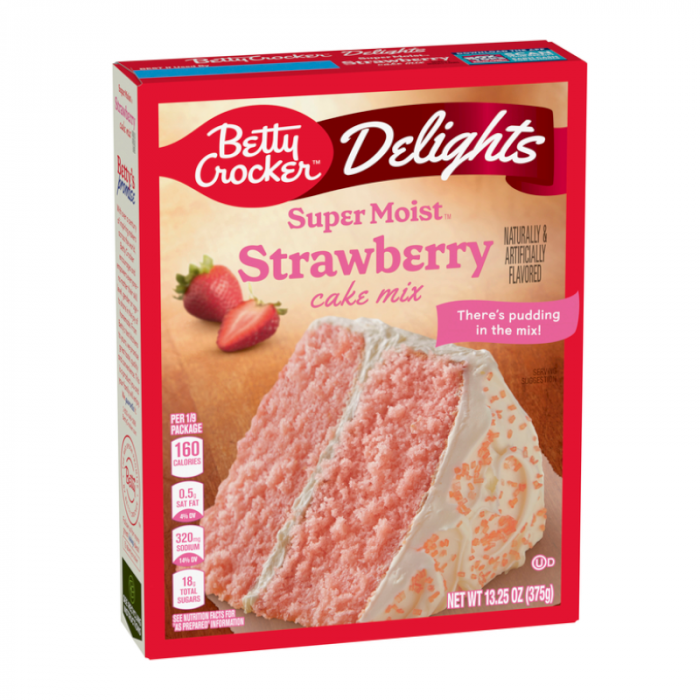 Front of Betty Crocker Delights Super Moist Strawberry Cake Mix box showing logo, strawberry cake mix design, and image of a pink cake (375g pack)