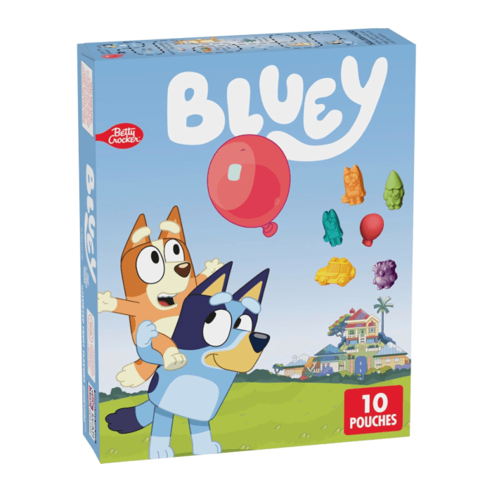 Front of Betty Crocker Fruit Snacks Bluey box showing Bluey characters, colourful fruit shapes, and 226g pack size.