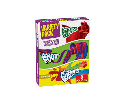 Front of Betty Crocker Fruit Snack Variety Pack 8 Pack showing colourful assorted fruit snacks, logo, and package details (144g)