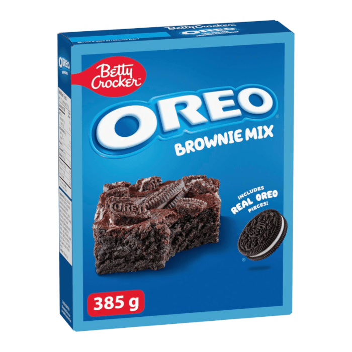 Front of Oreo Brownie Cake Mix box showing logo, brownie image with real Oreo pieces, and 385g pack size.