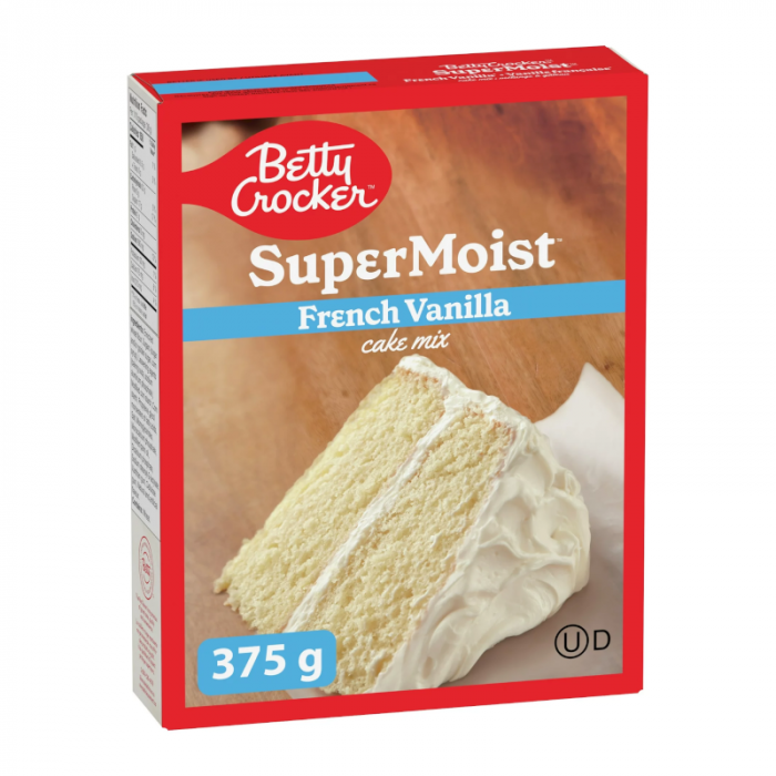 Front of Betty Crocker Super Moist French Vanilla Cake Mix box showing the logo, cake mix title, and cake slice image, 375g pack size