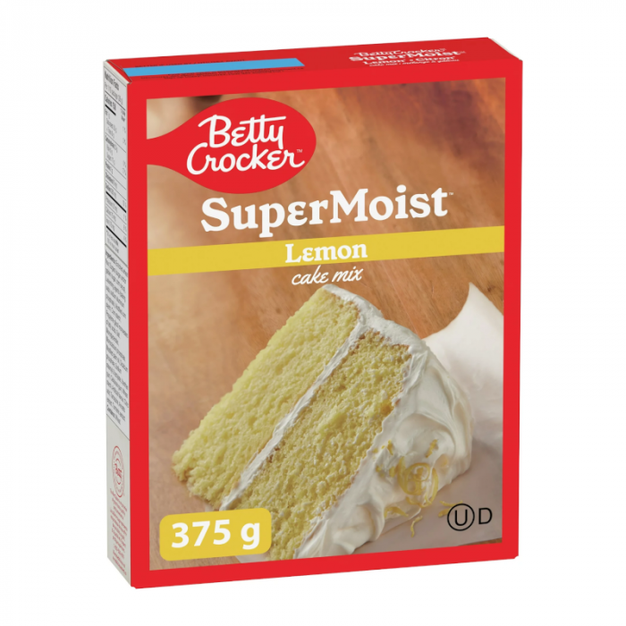 Front of Betty Crocker Super Moist Lemon Cake Mix box featuring the logo, lemon flavour label, and an image of a moist cake slice (375g pack)