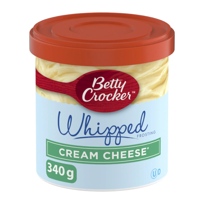 Front of Betty Crocker Whipped Frosting Cream Cheese tub showing the brand logo, frosting label, and 340g pack size