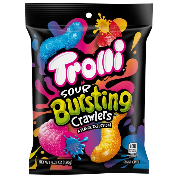 Front of Trolli Sour Bursting Crawlers bag showing colourful gummy worms, logo, and flavour burst details (178g pack)