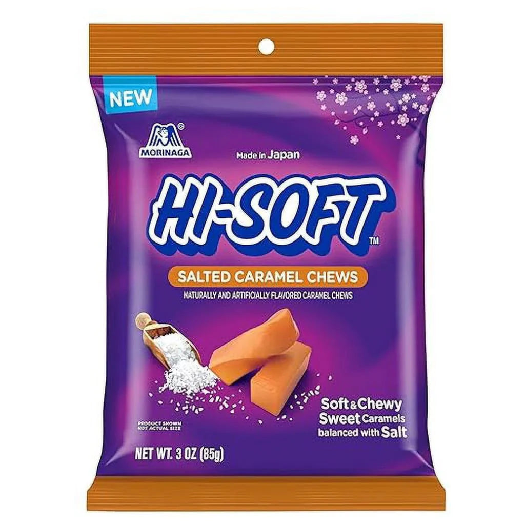 Front of Hi-Soft Salted Caramel bag showing the bold blue logo, salted caramel chews, and label details (85g pack)