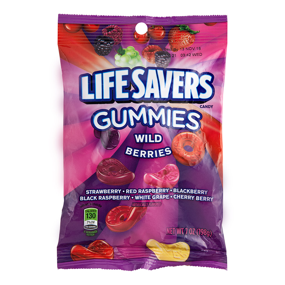 Front of Life Savers Gummies Wild Berries bag featuring vibrant berry shapes, bold logo, and flavour labels (198g pack)