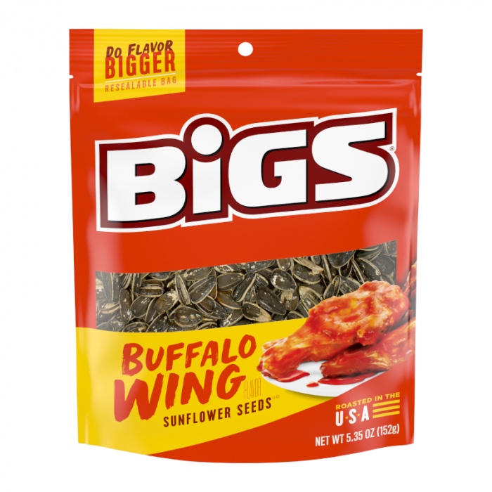Front of BIGS Sunflower Seeds bag featuring bold red logo, buffalo wing flavour label, and sunflower seeds with a chicken wing illustration (152g pack)