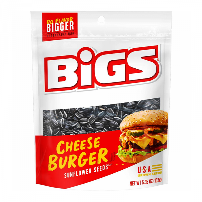 Front of BIGS Cheeseburger Sunflower Seeds bag showing red logo, cheeseburger flavour label, and crunchy sunflower seeds (152g pack)