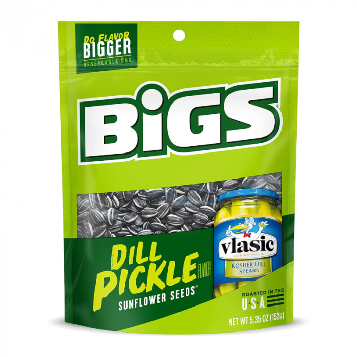 Front of BIGS Sunflower Seeds Vlasic Dill Pickle bag showing bright green packaging, logo, dill pickle flavour, and 152g weight.